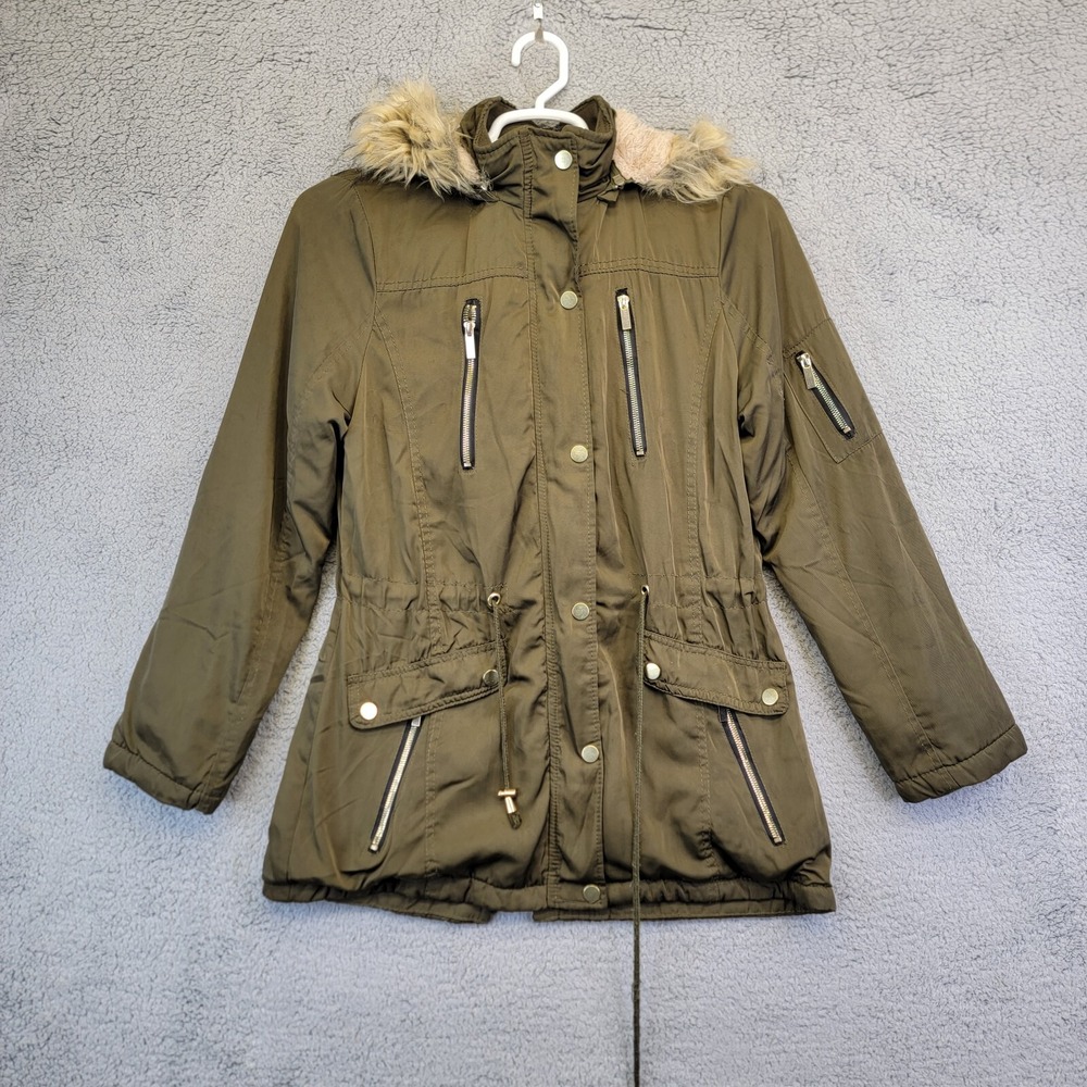 Ymi‎ Parka Jacket Juniors XL Green Full Zip Fur Lined Toggle Waste Fur Trim Hood